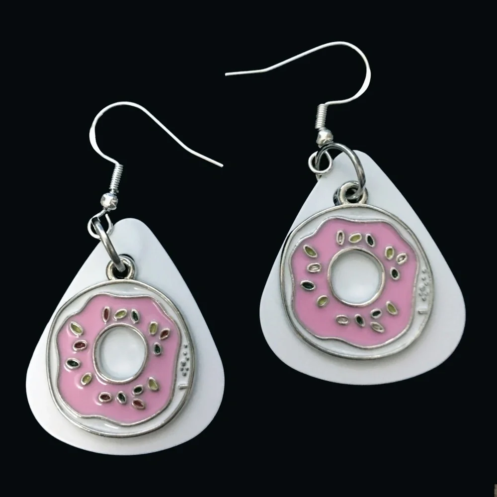 HAND Crafted Repurposed Guitar Pick Earrings Donuts Donut Shop - Picture 1 of 7